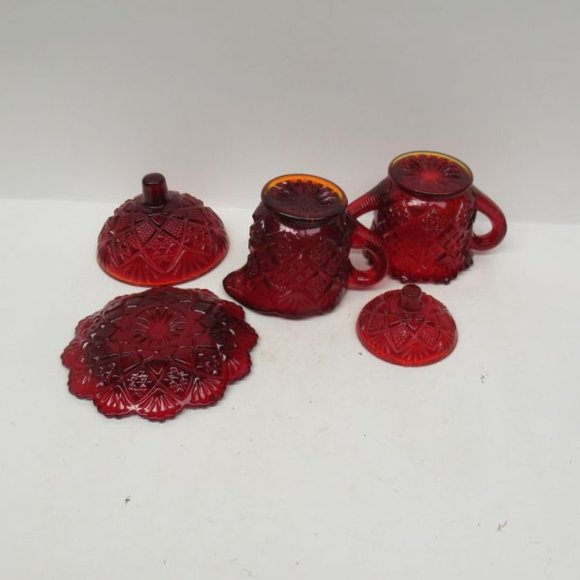 Westmoreland Glass Red FAN and FILE Childs Butter Dish, Creamer, Sugar and Lid - Picture 4 of 5